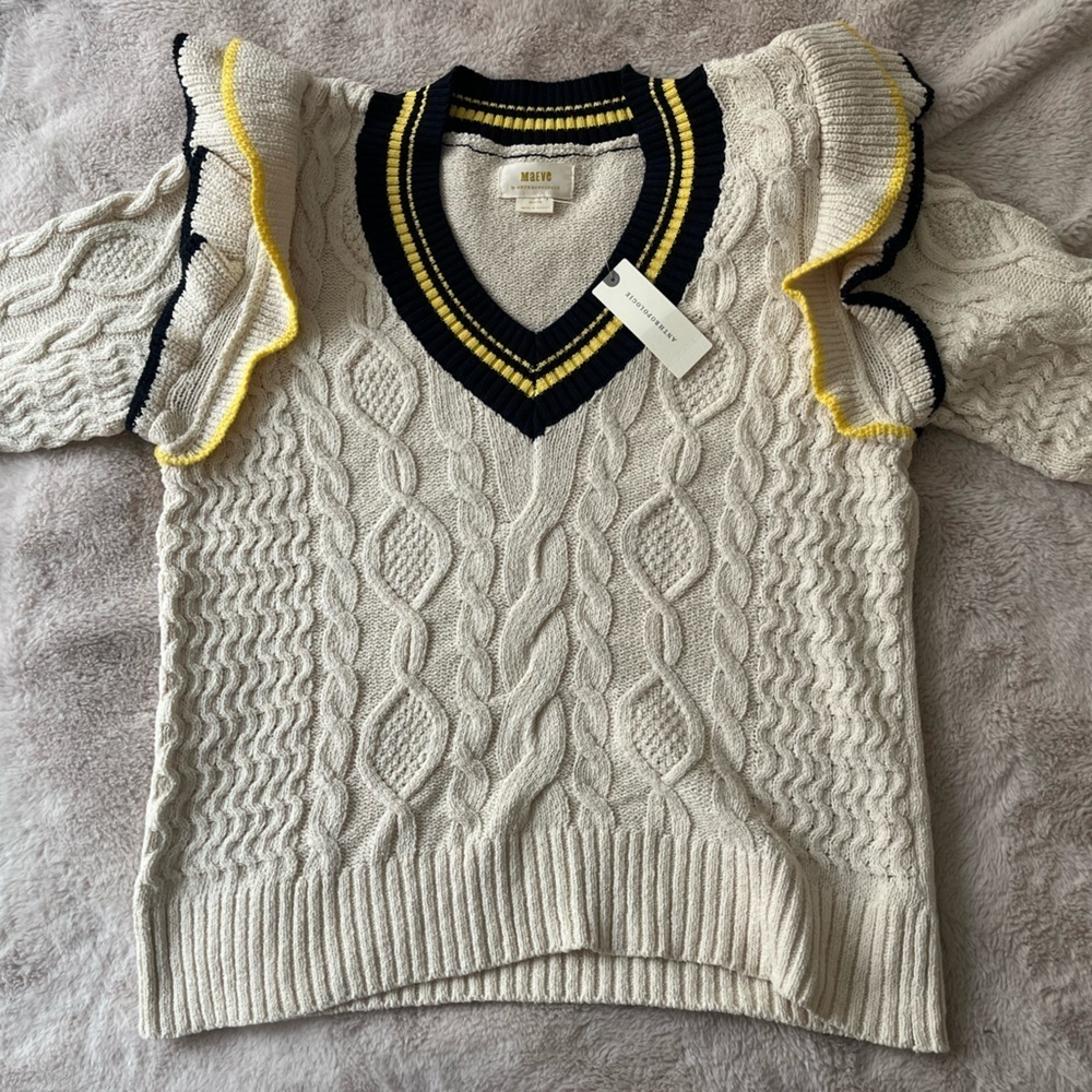 NWT Anthropologie Maeve Ruffle V-Neck Cable Sweater Size M - Picture 6 of 13